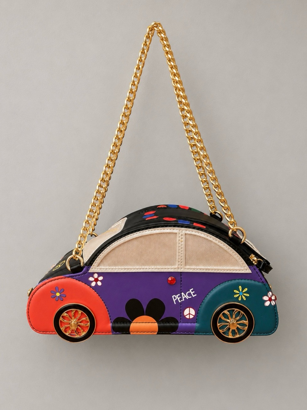 70s Vintage Beetle Bug Car Shaped Shoulder Bag Peace Love Flowers